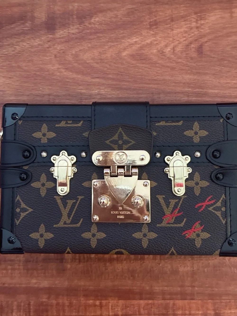 Louis Vuitton Brown Monogram Trunk Clutch with Red Accents and Gold Hardware